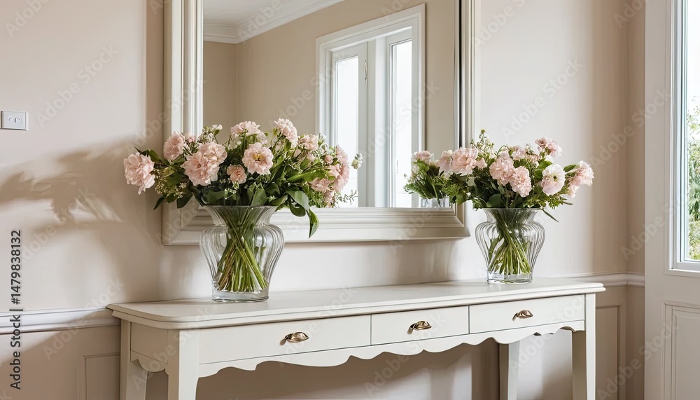 Fototapeta premium Pink Roses in Crystal Vases on White Console Table with Mirror Reflection