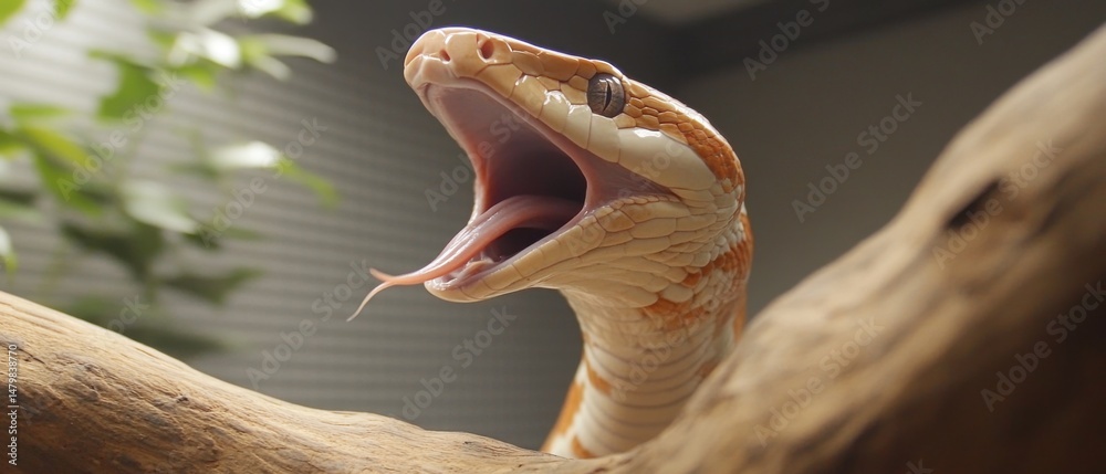 Naklejka premium Close-up of Corn Snake Yawning on Branch Showing Tongue and Scales Captive Reptile Exotic Pet Terrarium