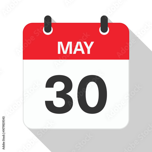 May 30 Daily Calendar. Red Theme on White Background