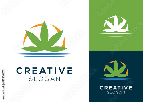 Lake cannabis logo. Cannabis leaf with river bank logo design for health and medicine