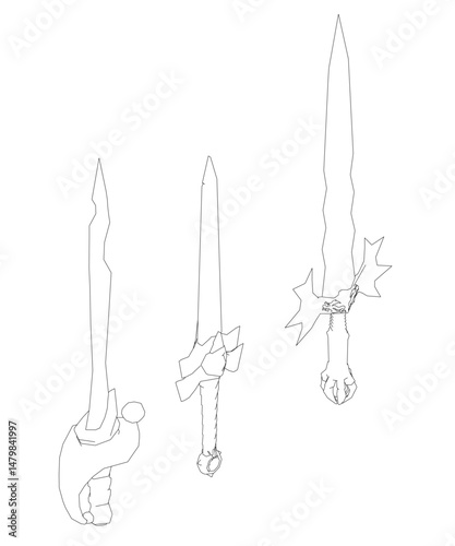 Three swords are drawn in black and white. The first is a long sword with a curved blade and a pointed tip. The second is a shorter sword with a straight blade and a pointed tip