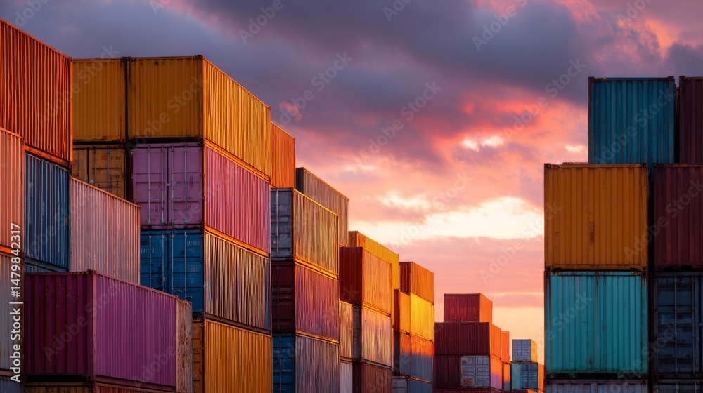 Fototapeta premium Cargo ships at dawn with geometric container shapes, a serene seaport awakening to soft morning light 