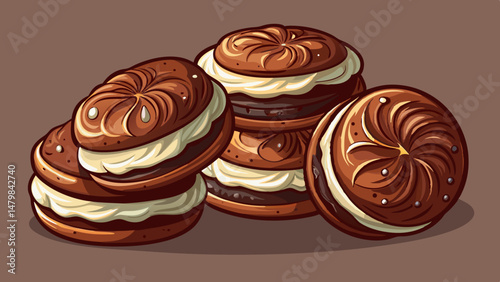  A delightful fusion of rich chocolate cookies generously filled with smooth vanilla cream creates a mouthwatering visual on a clean background. The contrast of dark and light tones enhances the delic