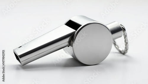 Silver metal whistle, classic design, isolated , object, equipment, metal