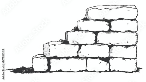 A black and white, hand-drawn illustration of a stack of bricks on a white background. A stack of bricks.	