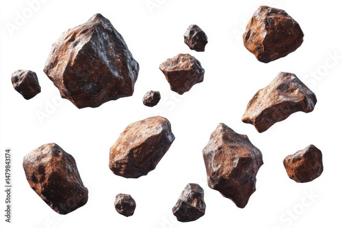 Asteroid Field Floating in Space on White Background Isolated Close Up Science Fiction Space Exploration Concept photo