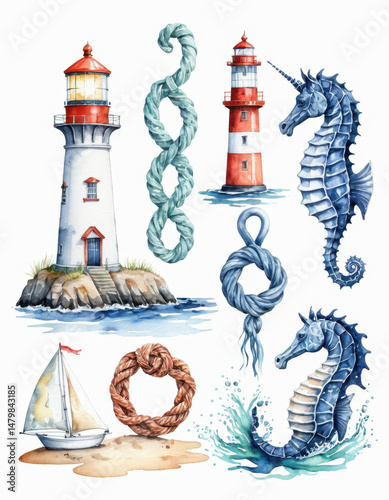 Whimsical watercolor illustrations featuring sea creatures and coastal lighthouses, perfect for editorial use