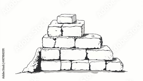 A black and white, hand-drawn illustration of a stack of bricks on a white background. A stack of bricks.	