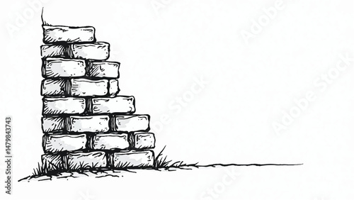 A black and white, hand-drawn illustration of a stack of bricks on a white background. A stack of bricks.	