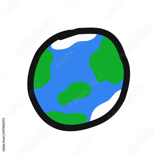 A simple hand-drawn cartoon illustration of the Earth with blue oceans, green continents, and white polar caps, enclosed in a black circular outline
