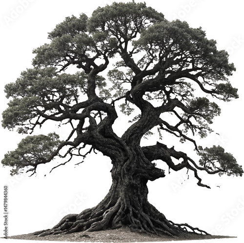 Majestic Old Tree with Gnarled Trunk Monochromatic Illustration
