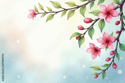 Subtle watercolor style, delicate buds and vines, pattern, leaves