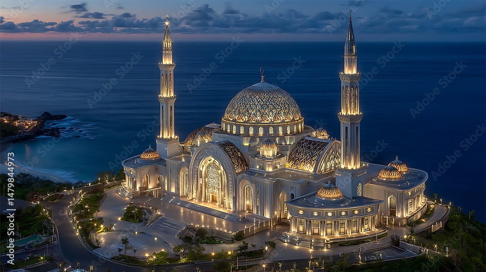 Fototapeta premium Majestic Beach Mosque at Dusk with Lombok, and Indonesia.