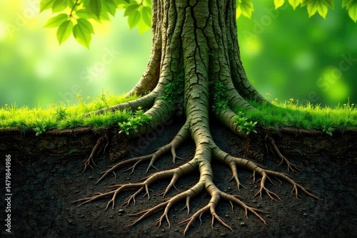Tree roots stretch out from the base of the trunk, foliage, leaves, natural