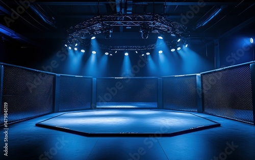 An eight-sided fighting cage, a wrestling cage, with spotlights shining from the ceiling. Martial arts concept
