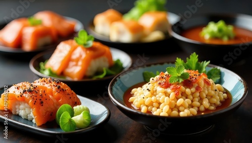 Various Japanese appetizers, minimalist setting, traditional, bowl, restaurant