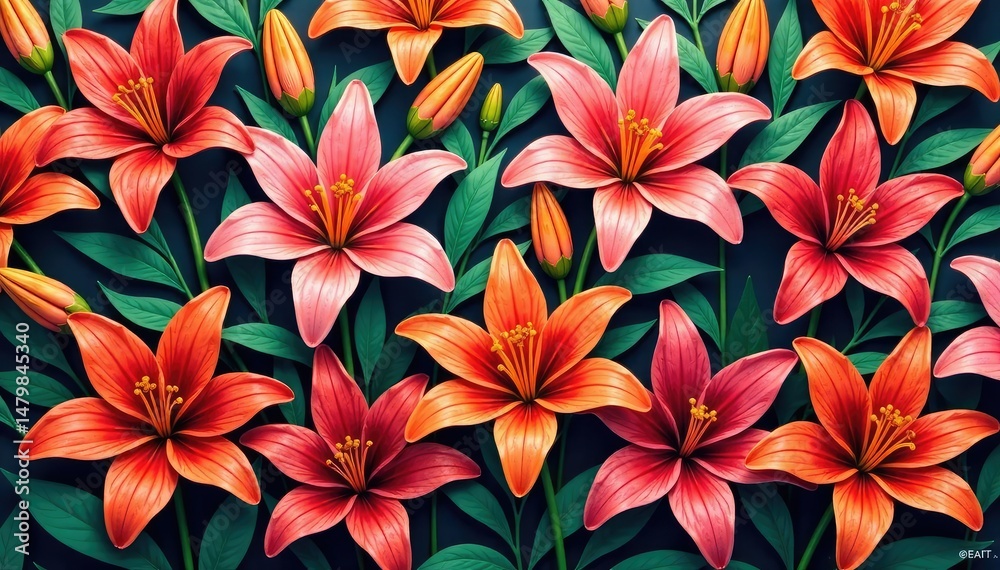 Fototapeta premium Vibrant hand-painted lilies, dense, colorful repeating design, textile, illustration