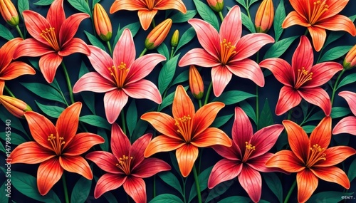 Vibrant hand-painted lilies, dense, colorful repeating design, textile, illustration