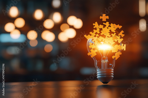 AI generator image of light bulb, jigsaw communication business concepts. Idea symbol, light bulb and jigsaw puzzle. Light bulb from puzzles on yellow background. Inspiration and creative idea concept