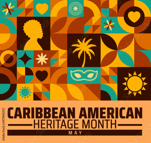 Colorful Caribbean American Heritage Month Banner or background. June Celebration with Geometric Shapes. Cultural  Illustration.