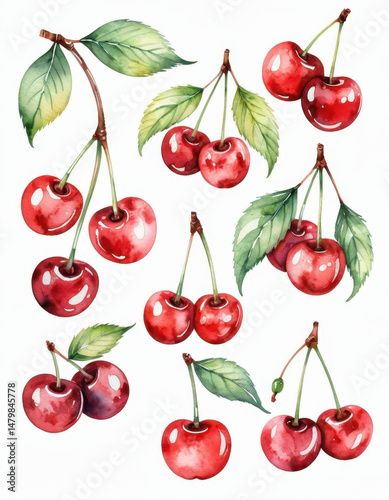 Fresh cherries with leaves on a stem, perfect for still life photography or culinary uses