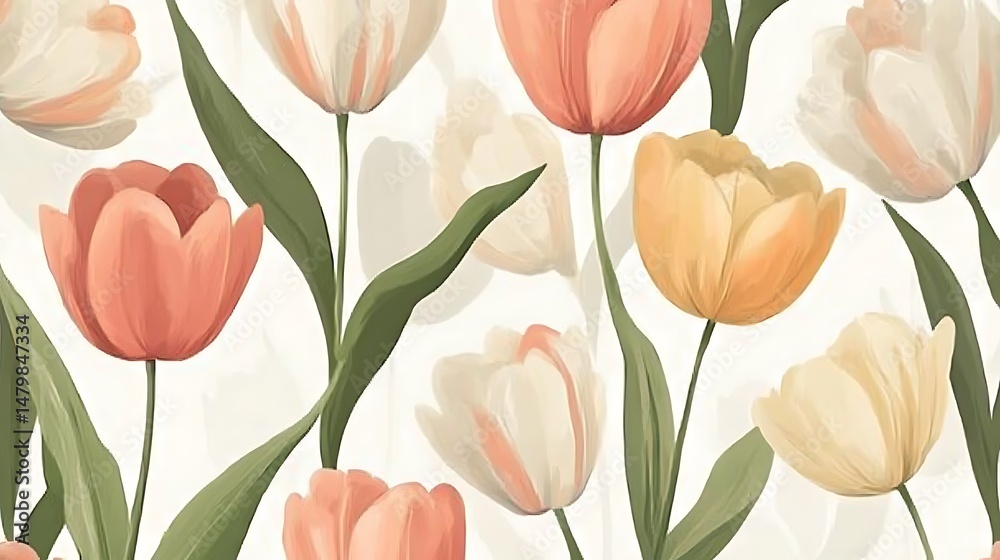 Obraz premium Digital illustration of tulips in various shades of peach, cream, and green on a white background.