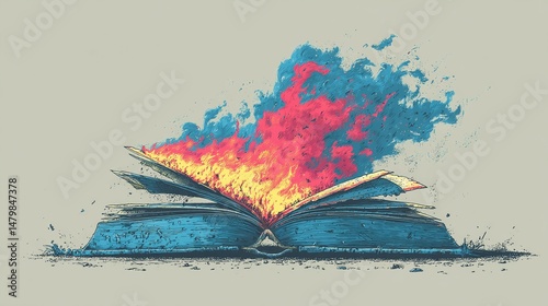 Retro cartoon illustration of burning book sticker. Fire flames out of opened pages. Knowledge destruction concept art for design. Vintage hand drawn style. Book on book. Symbol of censorship freedom