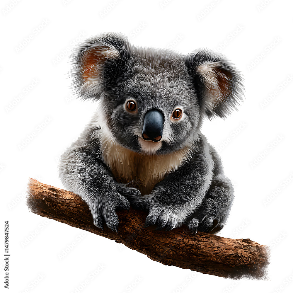 Obraz premium Adorable baby koala sitting on a tree branch, fluffy grey marsupial bear isolated on white background, cute Australian wildlife animal portrait