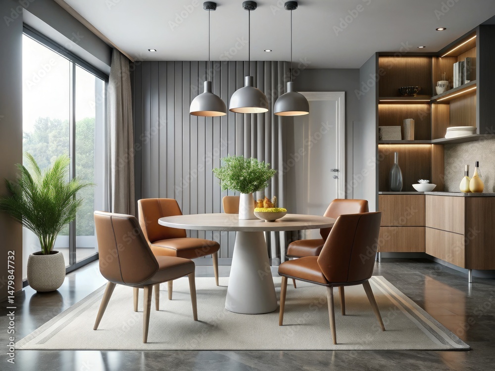 Fototapeta premium Minimalist Grey 3D Interior Design: Modern Round Dining Table & Tan Leather Chairs