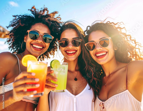 Three cheerful women in sunglasses enjoying colorful summer cocktails on the beach. Bright sunlight, vibrant drinks, and carefree smiles capture the essence of a perfect vacation.
