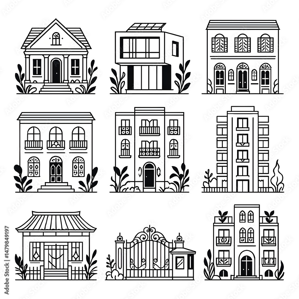 Fototapeta premium Stylish Line-Art Houses with Botanical Accents – Modern Villas & Apartments Pack