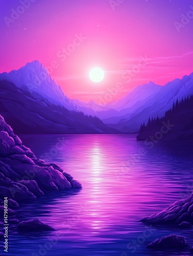 Dreamy purple landscape featuring lake reflection of sun between mountains with starry sky above in fantasy style