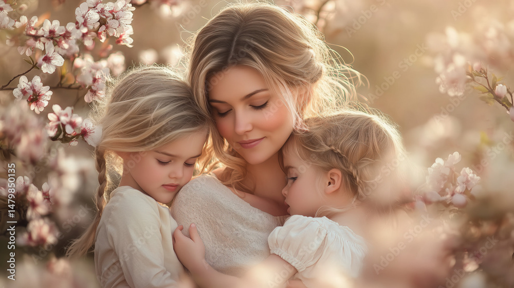 Obraz premium a mom hugging her kid outdoors with soft pastel clothing and spring flowers in the background