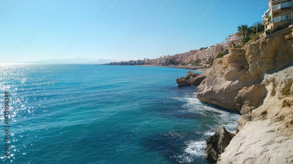 Fototapeta premium Sunny coastal scene, clear blue water, rocky cliffs, buildings along the shore