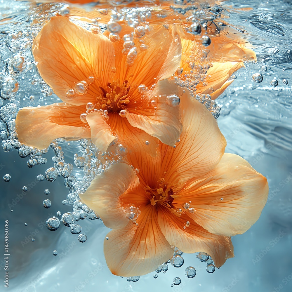 Vibrant orange flowers submerged in water with bubbles high resolution for isolate image