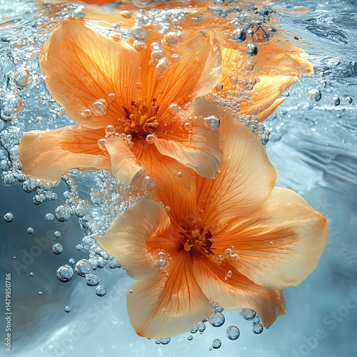 Obraz na płótnie Vibrant orange flowers submerged in water with bubbles high resolution for isolate image w salonie