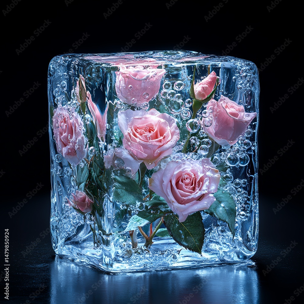 Ice cube filled with air bubbles and a bouquet of frozen rose flowers, icy, petals, delicate high resolution for isolate image