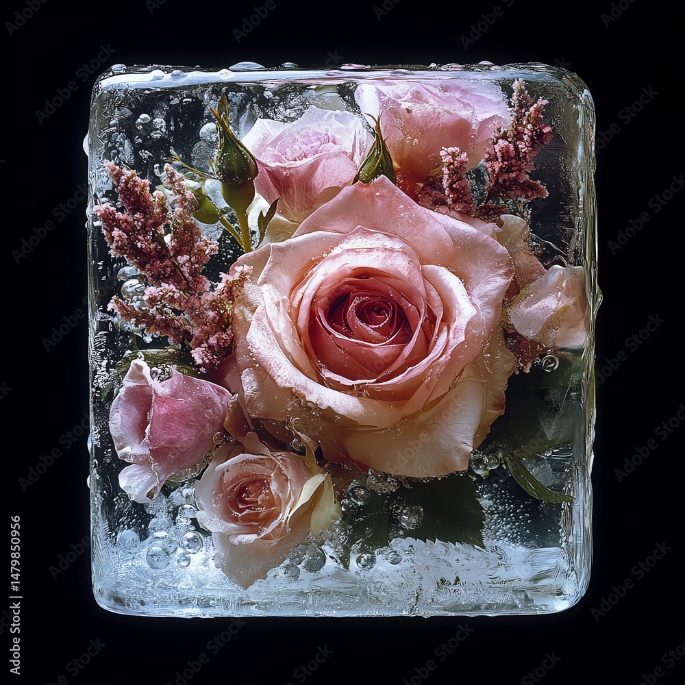 Ice cube filled with air bubbles and a bouquet of frozen rose flowers, icy, petals, delicate high resolution for isolate image