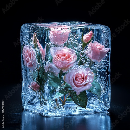 Obraz na płótnie Ice cube filled with air bubbles and a bouquet of frozen rose flowers, icy, petals, delicate high resolution for isolate image w salonie
