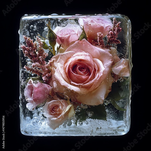 Obraz na płótnie Ice cube filled with air bubbles and a bouquet of frozen rose flowers, icy, petals, delicate high resolution for isolate image w salonie