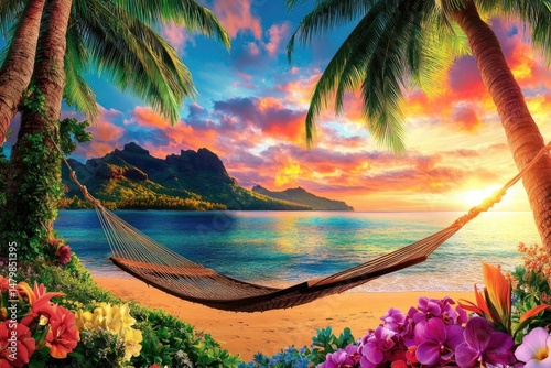 Tropical paradise sunset beach scene with hammock