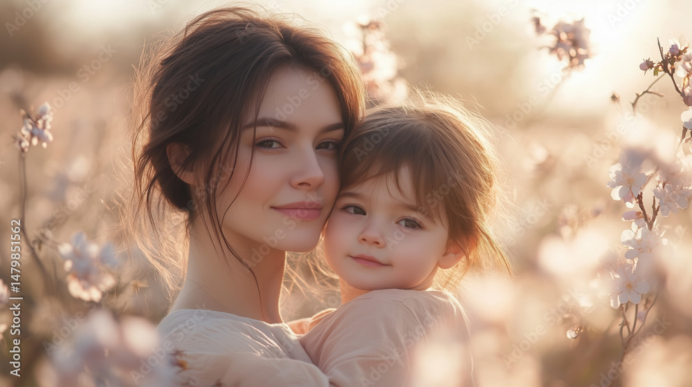Obraz premium a mom hugging her kid outdoors with soft pastel clothing and spring flowers in the background