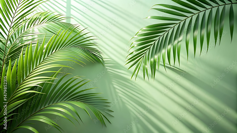Obraz premium Fresh green palm leaves cast shadows against a muted green background