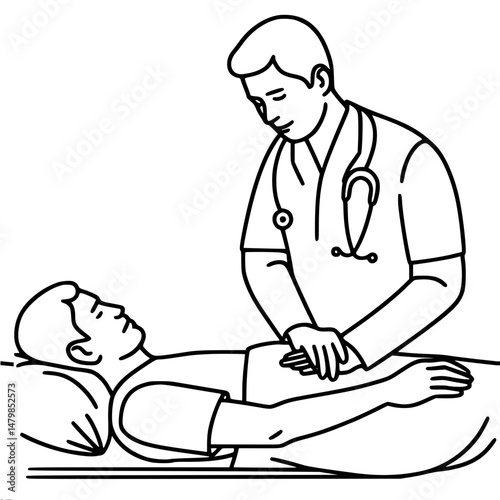 Male doctor examining patient lying in bed with medical care  