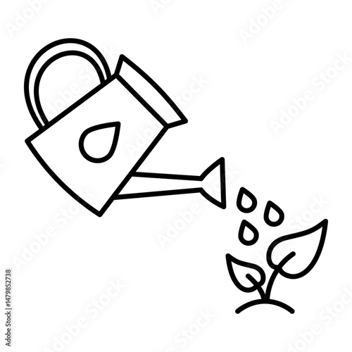 Watering can with water droplets, gardening care.