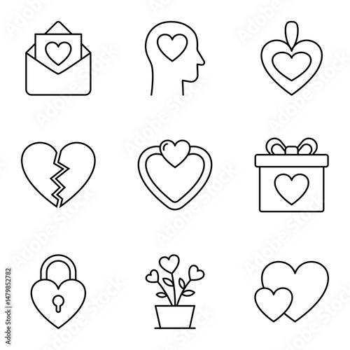 Set of love and heart icons in outline style for romance and charity, care, relationship, and emotional support.