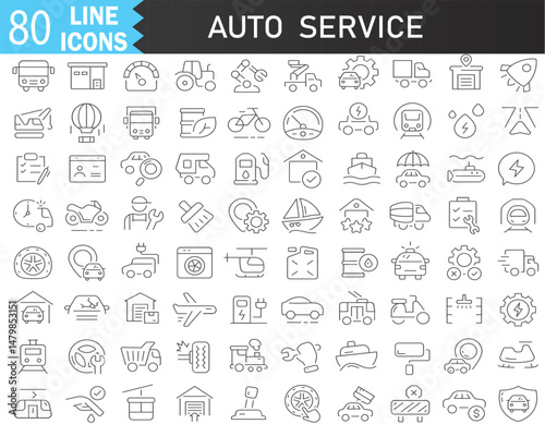 Auto Service Line Icons Set – 80 Editable Stroke Vehicle Maintenance and Transport Symbols for Garage, Car Repair, Logistics, and Automotive Apps – Thin Outline Vector Illustration