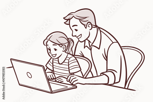 Sketch style doodle of Happy young parent father helping teenage child daughter distance learning online together at home