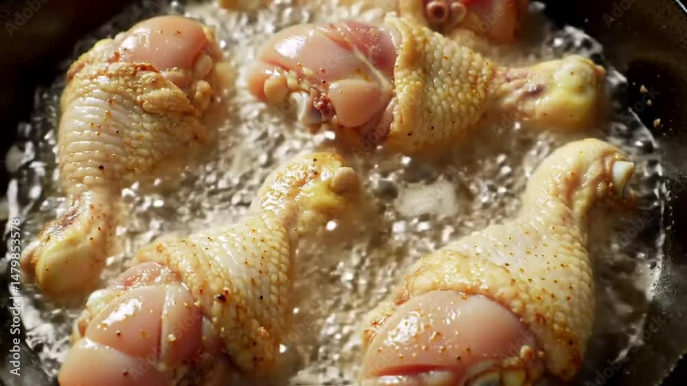 Crispy Fried Chicken Drumsticks in Hot Oil, The video showcases crispy fried chicken sizzling in hot oil, vedio