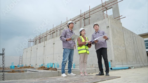 Group of engineers and architecture inspect and supervise the construction of building walls and foundations of residential buildings